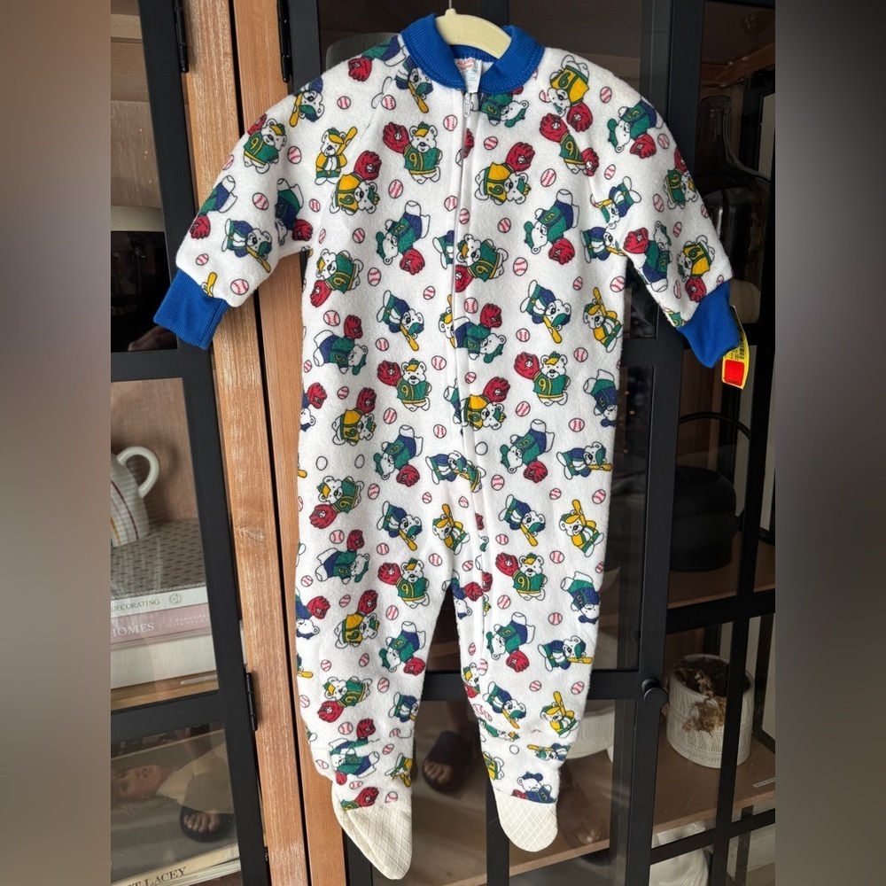 Nwt Vintage 80s Baseball Teddy Bear Footies Baby Toddler Boy Fleece Coverall Zip — image 6 of 8